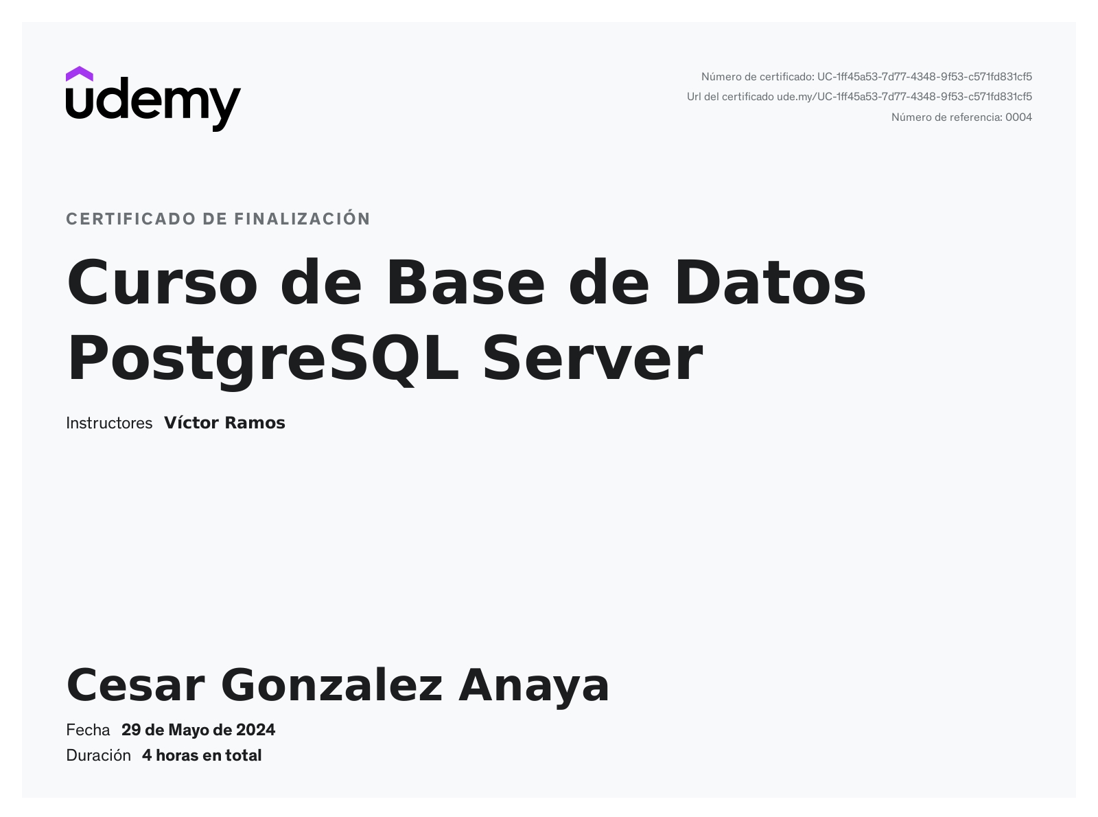 Certificado de Curso de Base de Datos PostgreSQL Server